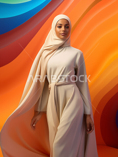 عارضة عربية خليجي سعودية محجبة ترتدي ملابس انيقة عصرية تقف باستقامة تنظر الى شيء ما بتعابير وايماءات الثقة بالنفس والسرور، مفهوم الاناقة والاهتمام بالمظهر الخارجي، اتباع صيحات الموضة، الشغف بتصاميم الأزياء الحديثة المعاصرة للنساء، خلفية ملونة