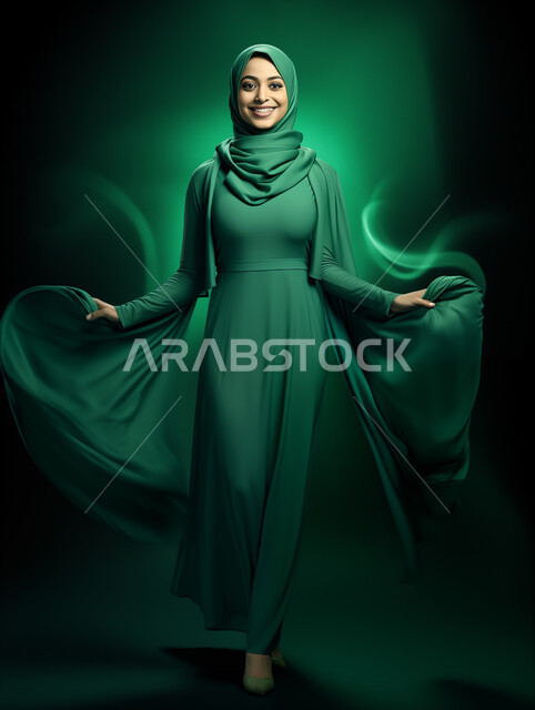 Women's abayas with elegant designs for veiled women, the concept of elegance and attention to external appearance, a display of modern contemporary fashion for women, a smiling Gulf Arab-Saudi model wearing the hijab and abaya looking at the camera with expressions of self-confidence and pleasure, green background.