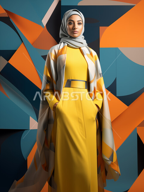 مفهوم الاناقة والاهتمام بالمظهر الخارجي، الشغف باتباع صيحات الموضة، عرض تصاميم الأزياء الحديثة المعاصرة للنساء، عارضة عربية خليجي سعودية محجبة ترتدي ملابس انيقة عصرية تقف باستقامة تنظر الى الكاميرا بتعابير الثقة بالنفس، خلفية ملونة