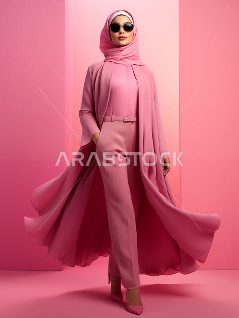 عارضة عربية خليجي سعودية محجبة ترتدي ملابس انيقة عصرية تقف باستقامة تنظر الى شيء ما بتعابير وايماءات الثقة بالنفس والسرور، مفهوم الاناقة والاهتمام بالمظهر الخارجي، اتباع صيحات الموضة، الشغف بتصاميم الأزياء الحديثة المعاصرة للنساء، خلفية ملونة