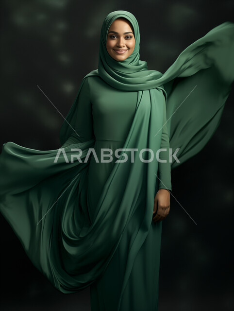 عباءات نسائية بتصاميم راقية للمحجبات، مفهوم الاناقة والاهتمام بالمظهر الخارجي، عرض الأزياء الحديثة المعاصرة للنساء، عارضة عربية خليجي سعودية مبتسمة ترتدي الحجاب والعباءة تنظر الى الكاميرا بتعابير الثقة بالنفس والسرور، خلفية خضراء