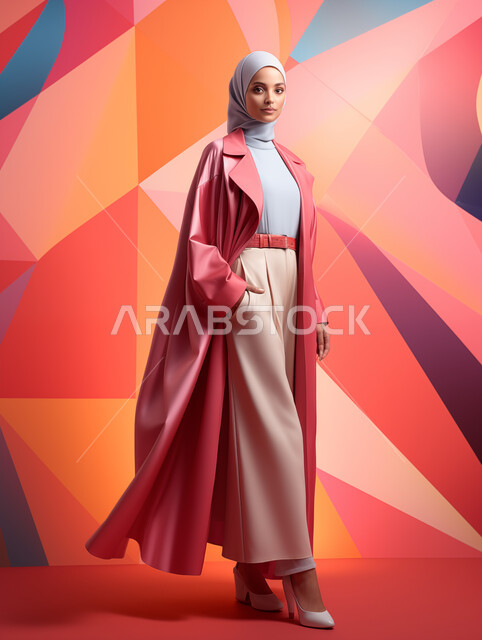 The concept of elegance and interest in external appearance, passion for following fashion trends, displaying modern contemporary fashion designs for women, a veiled Saudi Arabian Gulf model wearing elegant, modern clothes, standing straight and looking at the camera with an expression of self-confidence, a colorful background