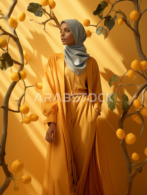 مفهوم الاناقة والاهتمام بالمظهر الخارجي، الشغف باتباع صيحات الموضة، عرض تصاميم الأزياء الحديثة المعاصرة للنساء، عارضة عربية خليجي سعودية محجبة ترتدي ملابس انيقة عصرية باللون الاصفر تقف باستقامة تنظر الى شيء ما بتعابير الثقة بالنفس، خلفية شجرة الليمون
