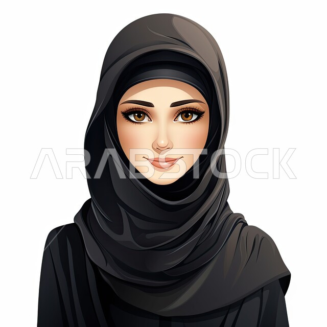 تصميمات الأزياء الحديثة المعاصرة، الاهتمام بالأناقة والمظهر الخارجي، شخصية كرتونية لفتاة عربيه خليجية سعودية مبتسمة ترتدي الحجاب والعباءة السوداء تنظر إلى الكاميرا بإيماءات السرور، خلفية بيضاء