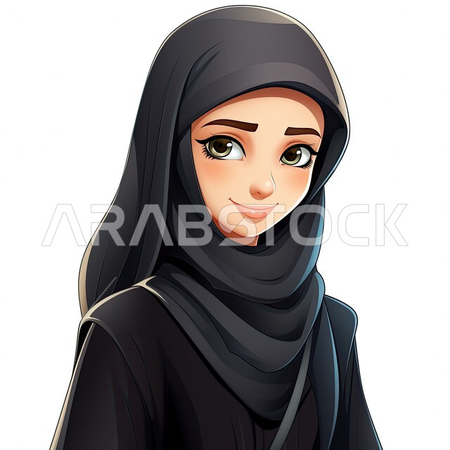 The concept of softness and femininity, attention to elegance and external appearance, sophisticated designs for modern veiled fashion, a cartoon character of a smiling Saudi Gulf Arab girl wearing the hijab and black abaya, looking at the camera with gestures of pleasure, white background