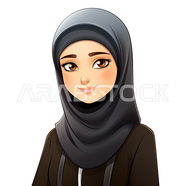 مفهوم النعومة والأنوثة, الاهتمام بالأناقة والمظهر الخارجي، تصاميم راقية لأزياء المحجبات العصرية، شخصية كرتونية لفتاة عربيه خليجية سعودية مبتسمة ترتدي الحجاب والعباءة السوداء تنظر إلى الكاميرا بإيماءات الجدية والثقة بالنفس، خلفية بيضاء