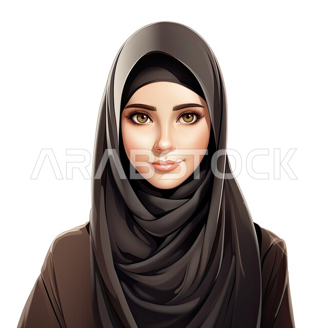 مفهوم النعومة والأنوثة, الاهتمام بالأناقة والمظهر الخارجي، تصاميم راقية لأزياء المحجبات العصرية، شخصية كرتونية لفتاة عربيه خليجية سعودية مبتسمة ترتدي الحجاب والعباءة السوداء تنظر إلى الكاميرا بإيماءات الجدية والثقة بالنفس، خلفية بيضاء