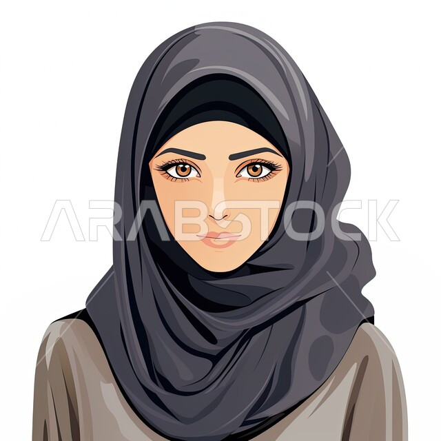 تصاميم راقية لأزياء المحجبات العصرية، الاهتمام بالأناقة والمظهر الخارجي، شخصية كرتونية لفتاة عربيه خليجية سعودية مبتسمة ترتدي الحجاب الأسود تنظر إلى الكاميرا بإيماءات الجدية والثقة بالنفس، خلفية بيضاء 