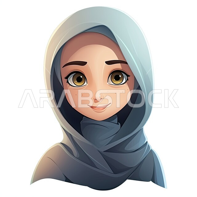 Elegant designs for modern veiled fashions, attention to elegance and external appearance, a cartoon character of a smiling Saudi Arabian Gulf girl wearing a blue hijab looking at the camera with happy gestures, a white background