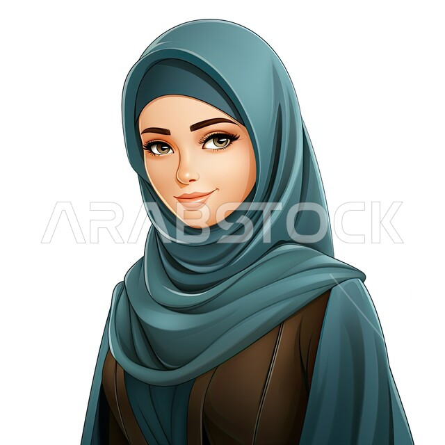 مفهوم النعومة والأنوثة, الاهتمام بالأناقة والمظهر الخارجي، تصاميم راقية لأزياء المحجبات العصرية، شخصية كرتونية لفتاة عربيه خليجية سعودية مبتسمة ترتدي الحجاب والعباءة السوداء تنظر إلى الكاميرا بإيماءات الجدية والثقة بالنفس، خلفية بيضاء