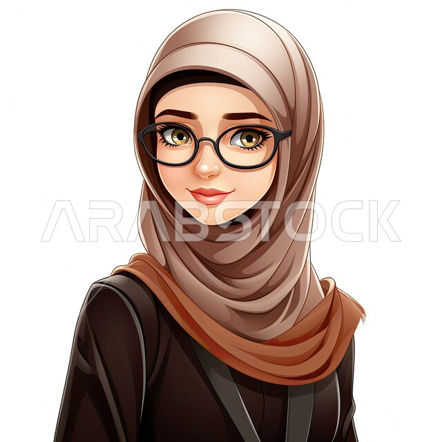 The concept of softness and femininity, attention to elegance and external appearance, sophisticated designs for modern veiled fashion, a cartoon character of a smiling Saudi Arabian Gulf girl wearing the hijab, black abaya, and medical glasses looking at the camera with happy gestures, white background