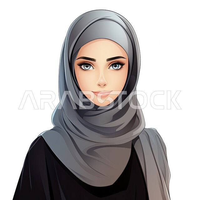 مفهوم النعومة والأنوثة, الاهتمام بالأناقة والمظهر الخارجي، تصاميم راقية لأزياء المحجبات العصرية، شخصية كرتونية لفتاة عربيه خليجية سعودية مبتسمة ترتدي الحجاب والعباءة السوداء تنظر إلى الكاميرا بإيماءات السرور، خلفية بيضاء