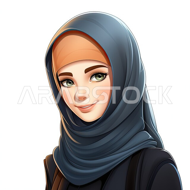 مفهوم النعومة والأنوثة, الاهتمام بالأناقة والمظهر الخارجي، تصاميم راقية لأزياء المحجبات العصرية، شخصية كرتونية لفتاة عربيه خليجية سعودية مبتسمة ترتدي الحجاب والعباءة السوداء تنظر إلى الكاميرا بإيماءات السرور، خلفية بيضاء