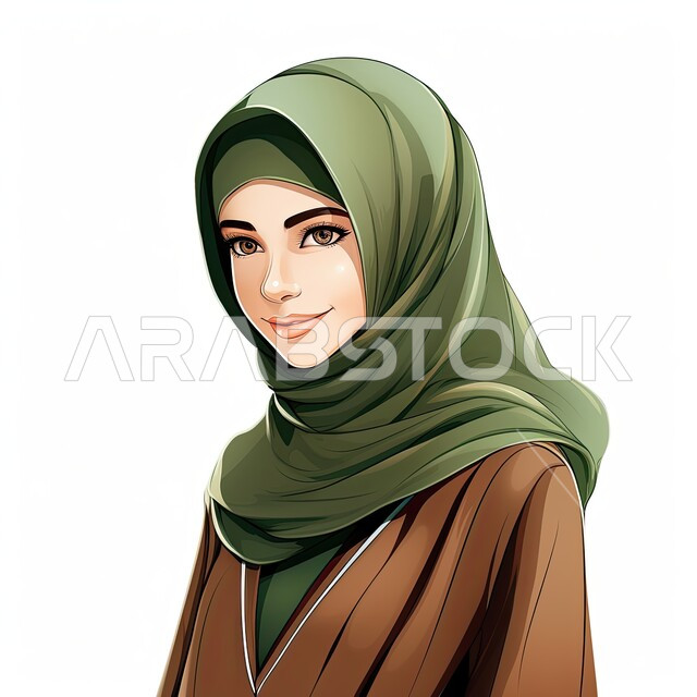 أزياء محجبات عصرية راقية، مفهوم النعومة والأنوثة, الاهتمام بالأناقة والمظهر الخارجي، شخصية كرتونية لفتاة عربيه خليجية سعودية مبتسمة ترتدي الحجاب والعباءة السوداء تنظر إلى شيء ما بإيماءات السرور، خلفية بيضاء