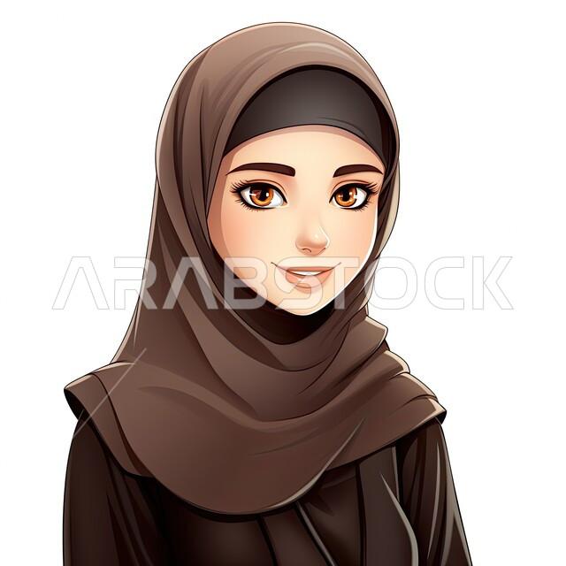 مفهوم النعومة والأنوثة, الاهتمام بالأناقة والمظهر الخارجي، تصاميم راقية لأزياء المحجبات العصرية، شخصية كرتونية لفتاة عربيه خليجية سعودية مبتسمة ترتدي الحجاب والعباءة السوداء تنظر إلى الكاميرا بإيماءات السرور، خلفية بيضاء