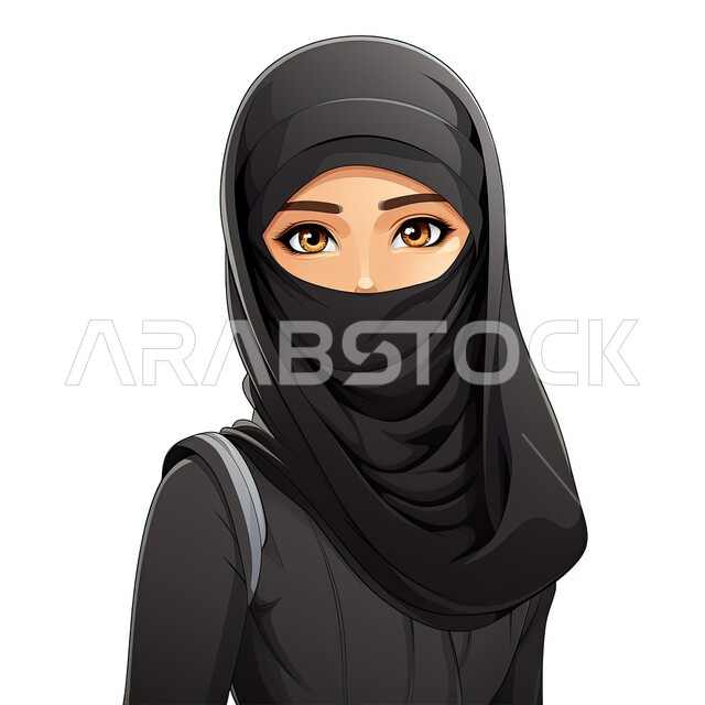 The concept of softness and femininity, attention to elegance and external appearance, sophisticated designs for modern veiled fashion, a cartoon character of a smiling veiled Saudi Gulf Arab girl wearing the niqab and black abaya, looking at the camera with gestures of pleasure, white background