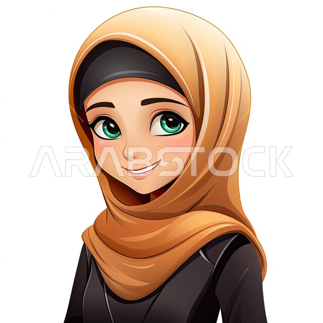مفهوم النعومة والأنوثة, الاهتمام بالأناقة والمظهر الخارجي، تصاميم راقية لأزياء المحجبات العصرية، شخصية كرتونية لفتاة عربيه خليجية سعودية مبتسمة ترتدي الحجاب والعباءة السوداء تنظر إلى الكاميرا بإيماءات السرور، خلفية بيضاء
