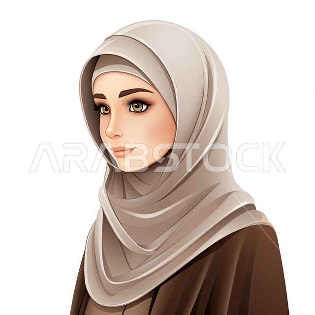 تصاميم راقية لأزياء المحجبات العصرية، مفهوم النعومة والأنوثة, الاهتمام بالأناقة والمظهر الخارجي، شخصية كرتونية لفتاة عربيه خليجية سعودية مبتسمة محجبة ترتدي النقاب والعباءة البنية تنظر إلى شيء ما بإيماءات السرور، خلفية بيضاء