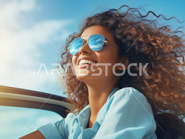 Commitment to public security and safety rules, the importance of learning to drive for women, a close-up picture of a smiling Saudi Gulf Arab woman wearing sunglasses, women’s proficiency in driving a car on main roads, sitting inside the car with gestures of happiness and pleasure, the concept of independence and self-reliance.