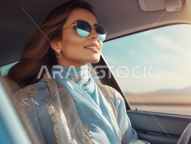 أهمية تعلم القيادة للسيدات، صورة مقربة لشابه عربية خليجية سعودية مبتسمة تضع نظارة شمسية، إتقان قيادة المرأة للسيارة في الطرق الرئيسية، الجلوس داخل السيارة بايماءات السعادة والسرور، مفهوم الاستقلال والاعتماد الذاتي، الإلتزام بقواعد الأمن والسلامة العامة