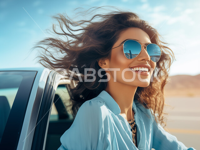 Women’s proficiency in driving a car on main roads, adherence to public security and safety rules, the importance of learning to drive for women, a close-up photo of a smiling Saudi Gulf Arab woman wearing sunglasses, sitting inside the car with gestures of happiness and pleasure, the concept of independence and self-reliance.