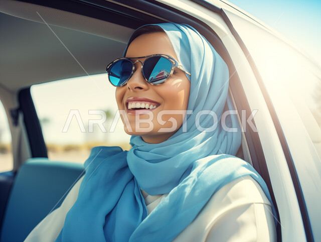 الحرية والاستقلال والاعتماد على النفس، القيادة بحذر واتباع قواعد السلامة، قضاء وقت ممتع في الخارج، ايماءات السرور والسعادة، صورة مقربة لامرأة عربيه خليجية سعودية محجبه تضع نظارة شمسية تجلس في مقعد السيارة