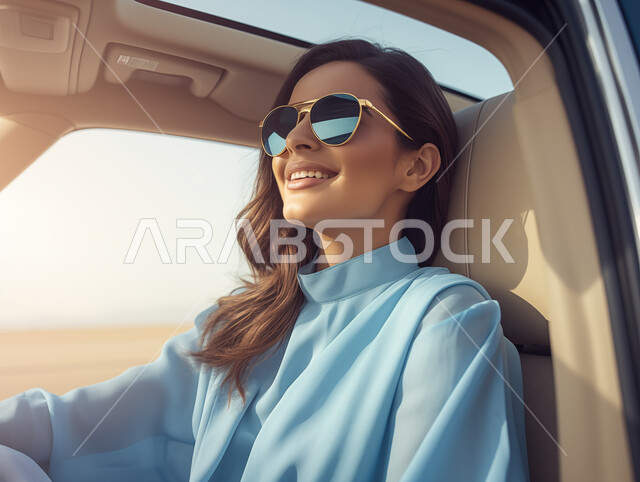 الاعتماد الذاتي والاستقلال، تعابير السعادة والسرور، إتقان قيادة المرأة للسيارة في الطرق الرئيسية، الإلتزام بقواعد الأمن والسلامة العامة، أهمية تعلم القيادة للسيدات، صورة مقربة لشابه عربية خليجية سعودية مبتسمة تضع نظارة شمسية