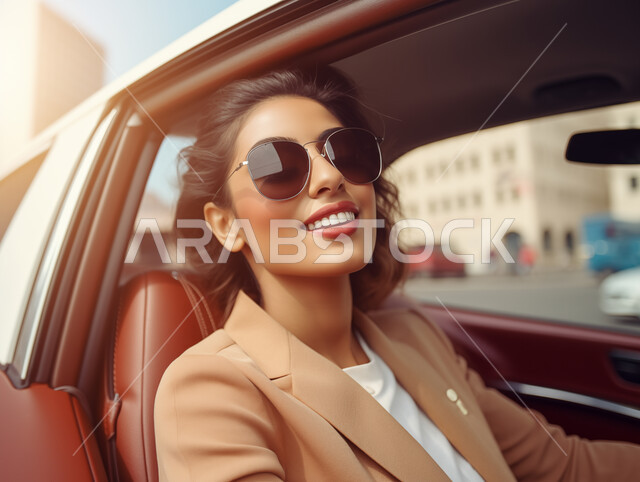 مفهوم الاستقلال والاعتماد الذاتي، تعابير السعادة والسرور، إتقان قيادة المرأة للسيارة في الطرق الرئيسية، الإلتزام بقواعد الأمن والسلامة العامة، أهمية تعلم القيادة للسيدات، صورة مقربة لشابه عربية خليجية سعودية مبتسمة تضع نظارة شمسية
