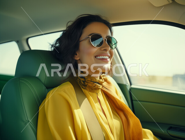 تعابير السعادة والسرور، إتقان قيادة المرأة للسيارة في الطرق الرئيسية، الإلتزام بقواعد الأمن والسلامة العامة، أهمية تعلم القيادة للسيدات، صورة مقربة لشابه عربية خليجية سعودية مبتسمة تضع نظارة شمسية، مفهوم الاستقلال والاعتماد الذاتي