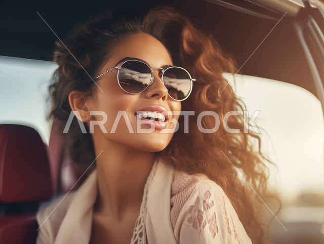 Gestures of happiness and pleasure, women’s proficiency in driving a car on main roads, adherence to public security and safety rules, the importance of learning to drive for women, a close-up picture of a smiling Saudi Gulf Arab woman wearing sunglasses, the concept of independence and self-reliance.