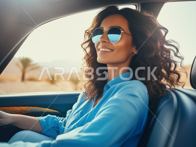 إتقان قيادة المرأة للسيارة في الطرق الرئيسية، الإلتزام بقواعد الأمن والسلامة العامة، أهمية تعلم القيادة للسيدات، صورة مقربة لشابه عربية خليجية سعودية مبتسمة تضع نظارة شمسية، مفهوم الاستقلال والاعتماد الذاتي