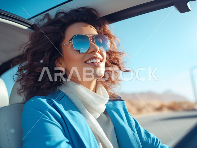 إتقان قيادة المرأة للسيارة في الطرق الرئيسية، الإلتزام بقواعد الأمن والسلامة العامة، أهمية تعلم القيادة للسيدات، صورة مقربة لشابه عربية خليجية سعودية مبتسمة تضع نظارة شمسية، الجلوس داخل السيارة بايماءات السعادة والسرور، مفهوم الاستقلال والاعتماد الذاتي
