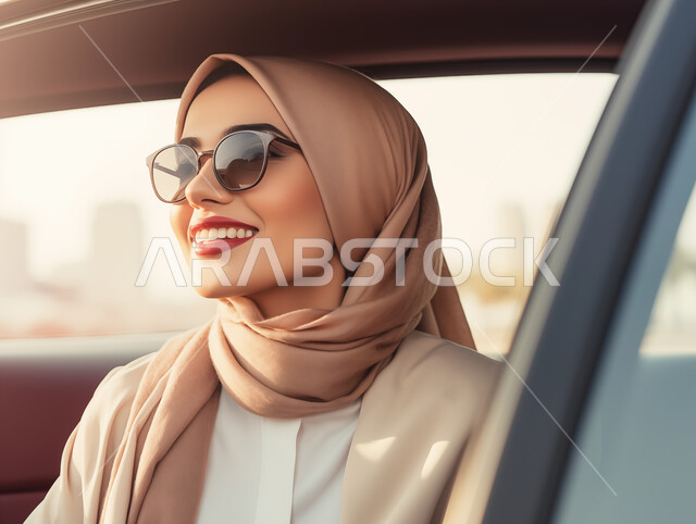 الاستقلال و الحرية و الاعتماد على النفس، القيادة بحذر واتباع قواعد السلامة، قضاء وقت ممتع في الخارج، ايماءات السرور والسعادة، صورة مقربة لامرأة عربيه خليجية سعودية محجبه تضع نظارة شمسية تجلس في مقعد السيارة