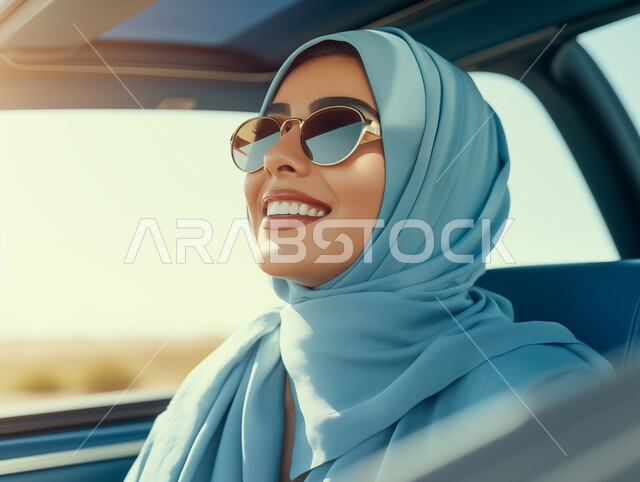 مفهوم الاستقلال و الحرية و الاعتماد على النفس، القيادة بحذر واتباع قواعد السلامة، قضاء وقت ممتع في الخارج، ايماءات السرور والسعادة، صورة مقربة لامرأة عربيه خليجية سعودية محجبه تضع نظارة شمسية تجلس في مقعد السيارة