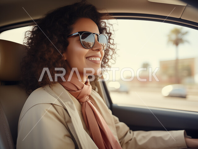 Commitment to public security and safety rules, the importance of learning to drive for women, a close-up picture of a smiling Saudi Gulf Arab woman wearing sunglasses, women’s proficiency in driving a car on main roads, sitting inside the car with gestures of happiness and pleasure, the concept of independence and self-reliance.