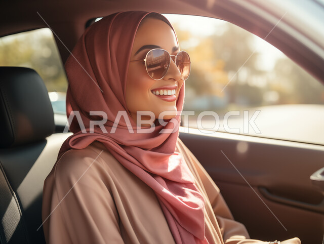 القيادة بحذر واتباع قواعد السلامة، قضاء وقت ممتع في الخارج، ايماءات السرور والسعادة، صورة مقربة لامرأة عربيه خليجية سعودية محجبه تضع نظارة شمسية تجلس في مقعد السيارة، مفهوم الاستقلال و الحرية و الاعتماد على النفس