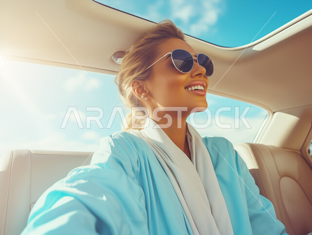 أهمية تعلم القيادة للسيدات، صورة مقربة لشابه عربية خليجية سعودية مبتسمة تضع نظارة شمسية، إتقان قيادة المرأة للسيارة في الطرق الرئيسية، الجلوس داخل السيارة بايماءات السعادة والسرور، مفهوم الاستقلال والاعتماد الذاتي، الإلتزام بقواعد الأمن والسلامة العامة