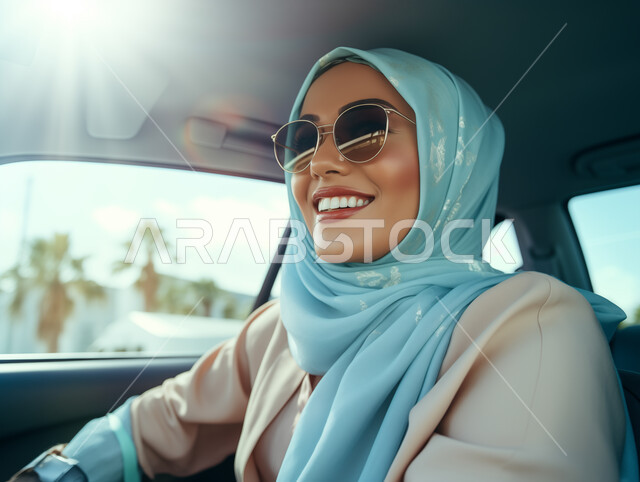 قضاء وقت ممتع في الخارج، ايماءات السرور والسعادة، صورة مقربة لامرأة عربيه خليجية سعودية محجبه تضع نظارة شمسية تجلس في مقعد السيارة، القيادة بحذر واتباع قواعد السلامة، مفهوم الاستقلال و الحرية و الاعتماد على النفس