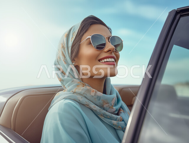 ايماءات السرور والسعادة، قضاء وقت ممتع في الخارج، صورة مقربة لامرأة عربيه خليجية سعودية محجبه تضع نظارة شمسية تجلس في مقعد السيارة، القيادة بحذر واتباع قواعد السلامة، مفهوم الاستقلال و الحرية و الاعتماد على النفس