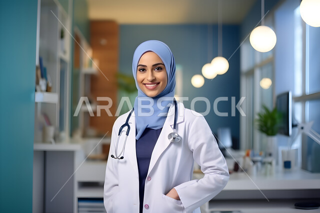 Looking at the camera with gestures of self-confidence, attention to external appearance, the concept of femininity and softness, a smiling veiled Saudi Arabian Gulf doctor wearing a doctor’s coat and wearing stethoscopes, providing medical examination, therapeutic services in hospitals and health centers