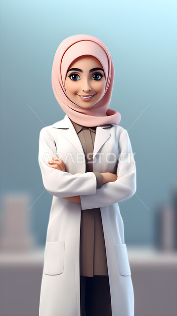 صورة ثلاثية الابعاد لطبيبة عربية خليجية سعودية محجبة مبتسمة ترتدي المعطف الأبيض تقف بايدي متقاطعة، العمل في المستشفيات والمراكز الطبية، الفحص الطبي وتقديم الخدمات الصحية للمرضى، النظر إلى الكاميرا بايماءات الثقة بالنفس، الاهتمام بالمظهر الخارجي