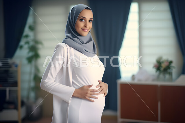 The concept of providing maternity leave for women, Saudi society’s support for women, a smiling veiled Saudi Arabian Gulf doctor wearing a white coat placing her hands on her stomach, working in hospitals and medical centers, medical examination and providing health services to pregnant women