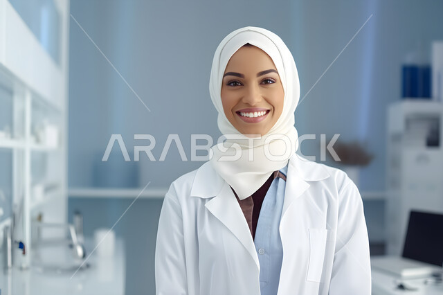 ايماءات السعادة والسرور، تقديم الخدمات العلاجية والفحوصات الطبية للمرضى, الوقوف باستقامة والنظر إلى الكاميرا بثقة, العمل في القطاع  الصحي, صورة مقربة لطبيبة عربية خليجية سعودية محجبة مبتسمة ترتدي المعطف الطبي الأبيض