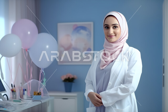 العمل في المستشفيات والمراكز الطبية، الفحص الطبي وتقديم الخدمات الصحية للمرضى، النظر إلى الكاميرا بايماءات السعادة والسرور، الاهتمام بالمظهر الخارجي، صورة مقربة لطبيبة عربية خليجية سعودية محجبة مبتسمة ترتدي المعطف الأبيض