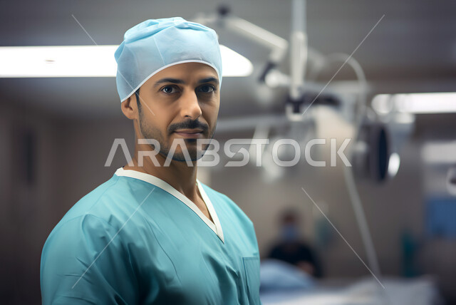 اجراء العمليات الجراحية، الاستشارة الطبية و التشخيص السريري للمرضى، العمل في القطاع الطبي في السعودية، تقديم الرعاية الصحية للمرضى، صورة مقربة لطبيب جراح عربي خليجي سعودي مبتسم يرتدي زي المهنة، خلفية غرفة الجراحة