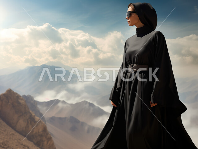 الرؤية والتطلع إلى المستقبل، ايماءات الجدية والثقة بالنفس، امرأة عربية خليجية سعودية محجبة ترتدي عباءة سوداء  تقف في الصحراء تنظر لمكان ما بتركيز، الاهتمام بالمظهر الخارجي، القمم والمرتفعات الجبلية، خلفية الطبيعة