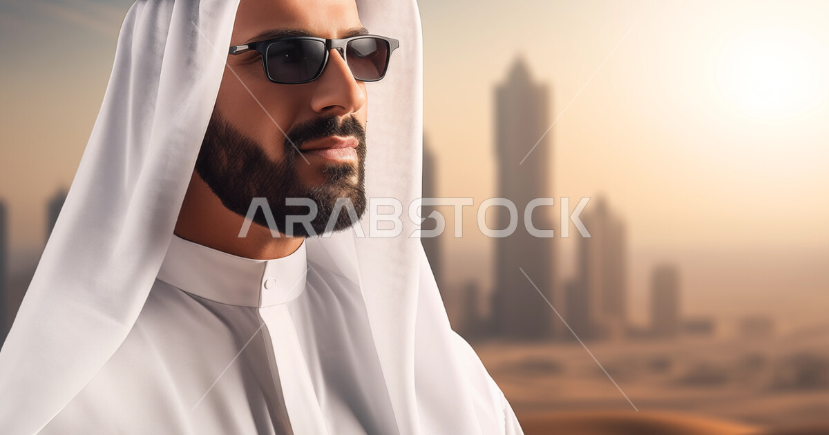 تعابير الجدية والثقة بالنفس، رجل عربي خليجي سعودي يرتدي الثوب التقليدي ...