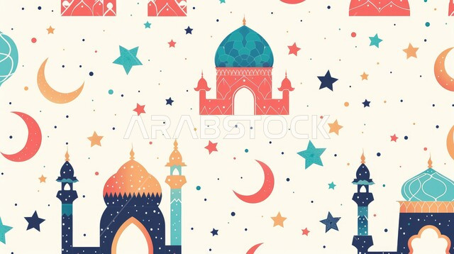 زينة شهر رمضان المبارك، بطاقة معايدة وتهنئة ملونة للإحتفال بقدوم الشهر الفضيل، أجواء رمضانية روحانية, ديكورات وتصاميم دينية، خلفيات اسلامية 