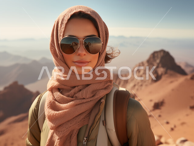 الاهتمام المظهر الخارجي، قضاء أوقات ممتعة وتسلق الجبال في المناطق السياحية ، القيام بالأنشطة والتمارين في المرتفعات الجبلية، صورة مقربة لامرأة عربية خليجية سعودية محجبة ترتدي الملابس الرياضية، خلفية الطبيعة