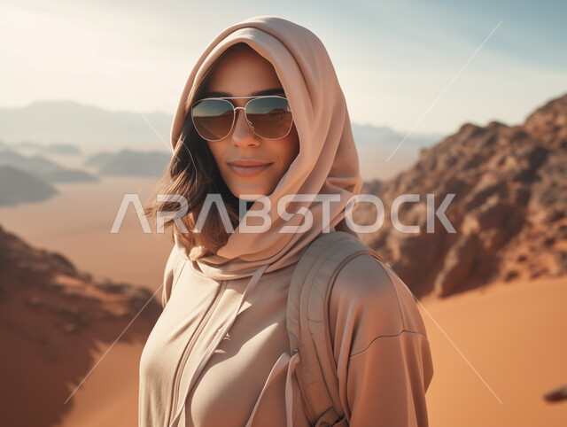 Practicing outdoor activities, paying attention to the external appearance, spending fun times and climbing mountains in tourist areas, a close-up photo of a veiled Saudi Arabian Gulf woman wearing sports clothes, nature background